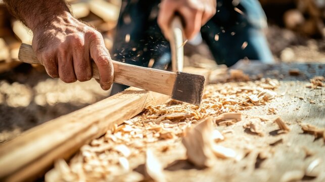 A close-up image of a carpenter using a chisel to carve wood on a construction site, Carpentry scene, Artistic and craftsmanship style