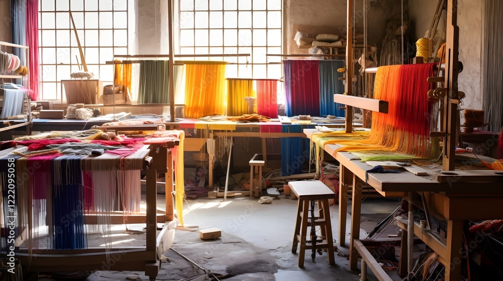 Poster a bustling weaving workshop filled with intricate looms and an array of vibrant colorful textiles sh