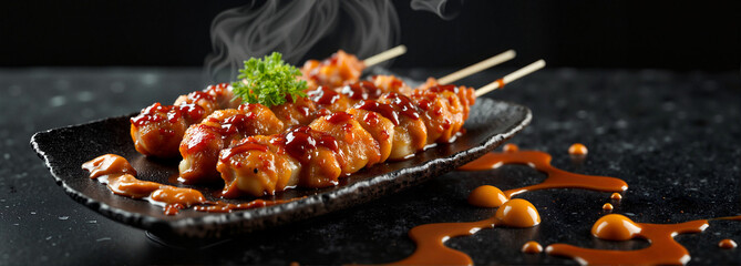 Gourmet yakitori drizzled with sauces on stylish plate, culinary delight