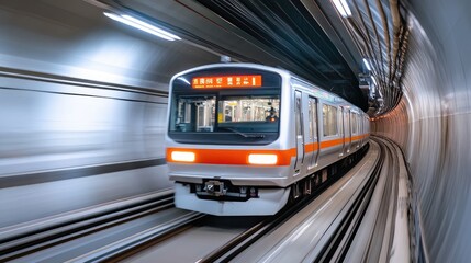 A speeding train inside a Tokyo tunnel with motion blur, capturing the rapid energy of city transit and technological advancement in public transportation