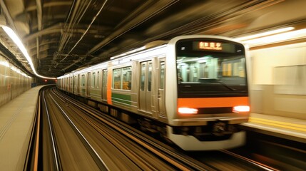 Naklejka premium A speeding train inside a Tokyo tunnel with motion blur, capturing the rapid energy of city transit and technological advancement in public transportation