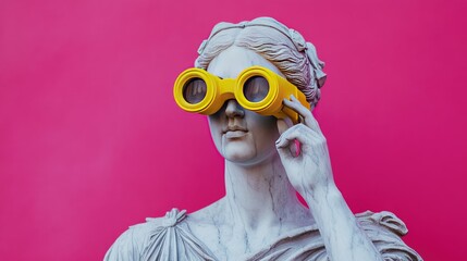 A statue of a Greek goddess crafted from marble, holding yellow binoculars against a dynamic pink backdrop, combining classical elegance with a quirky, contemporary twist