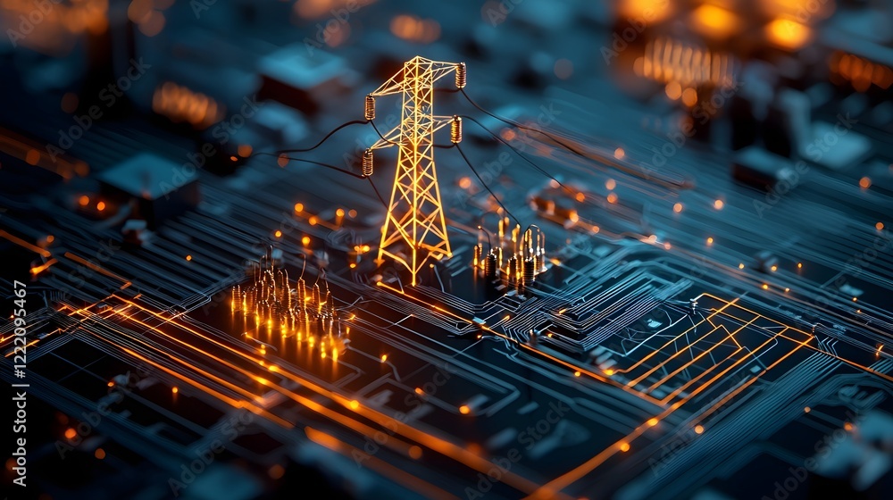Poster an intricate and futuristic 3d depicting a smart grid renewable energy network powered by intelligen