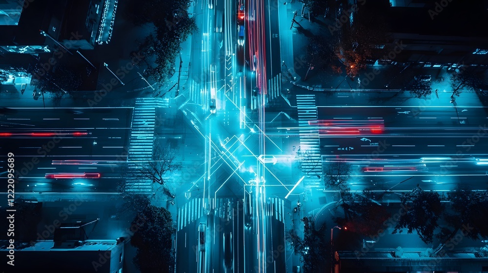 Aufkleber autonomous vehicles communicating on a futuristic illuminated intersection with smart lights and adv