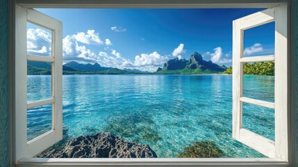 Fototapeta premium A stunning view of Bora Bora crystal-clear waters seen through a window frame, showcasing the tropical beauty of the island