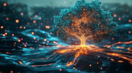 Futuristic luminescent tree represents growth and technology in a vibrant natural digital landscape