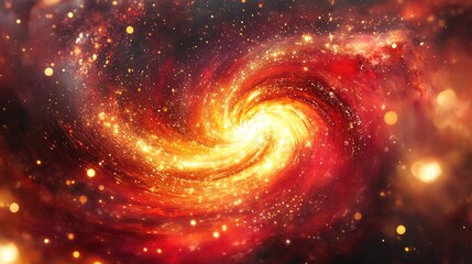 A swirling red liquid with golden sparkles resembling a galaxy, forming a vivid, abstract fluid design full of energy and magic