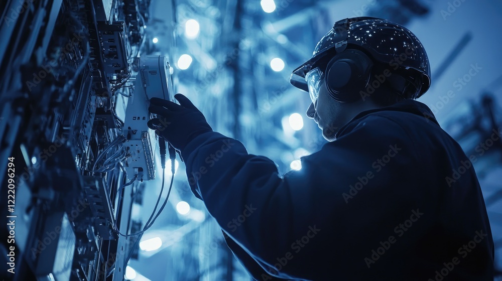 Poster A technician diagnosing issues in a telecommunications network using advanced equipment, focusing on troubleshooting signal loss and restoring connectivity