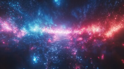 Naklejka premium Cosmic tunnel of vibrant blue and red nebulae with sparkling particles.
