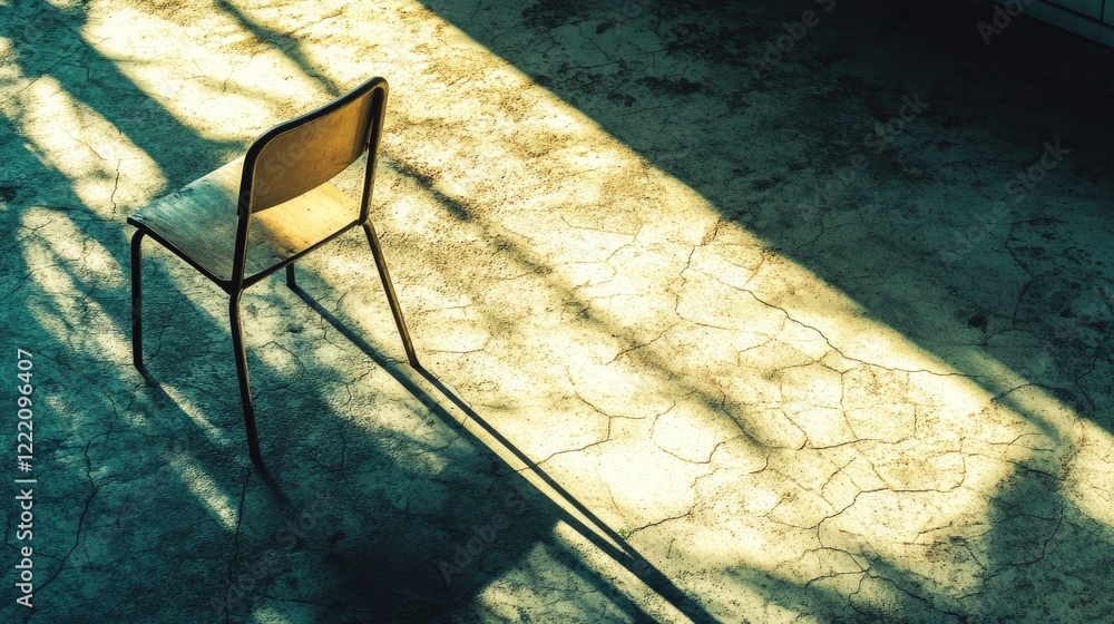 Poster a textured shot of sunlight shadows forming geometric lines from a metallic chair on a cracked surfa