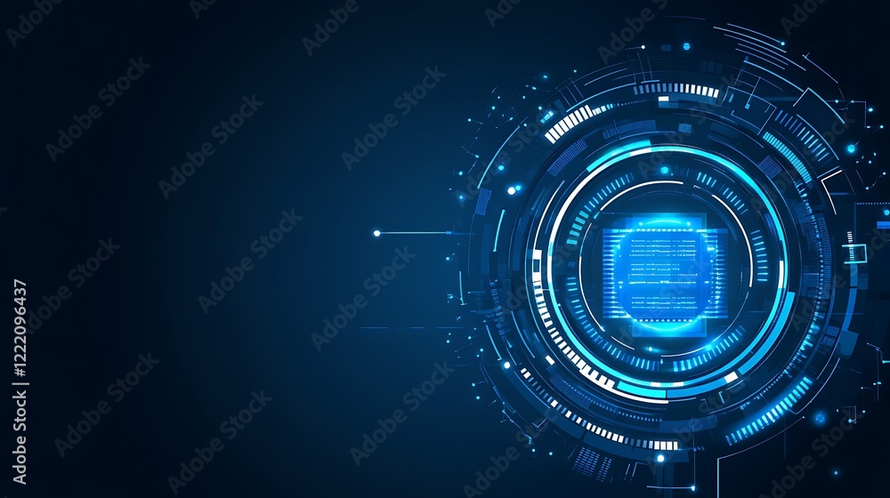 Poster close-up view of a microchip on a blue printed circuit board showcasing modern technology and innova