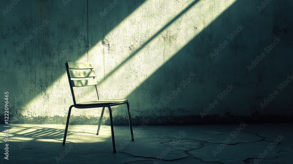 Poster a textured shot of sunlight shadows forming geometric lines from a metallic chair on a cracked surfa