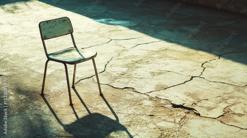 Poster a textured shot of sunlight shadows forming geometric lines from a metallic chair on a cracked surfa