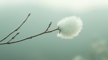 Single fluffy seed pod on a bare branch with a misty background
