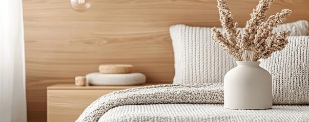 Minimalist home concept. A cozy bedroom featuring a minimalist design with natural elements and subtle decor.
