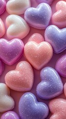 Fototapeta premium A vibrant display of heart-shaped candies in various pastel colors covers a gentle surface. Perfect for any occasion, these sugary delights evoke joy and sweetness in every glance