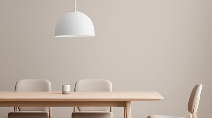 Minimalist home concept. Modern minimalist dining space with a stylish pendant light and beige tones.