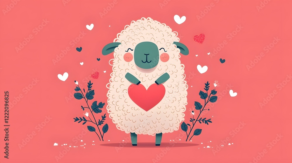 Poster charming of a cheerful fluffy sheep with a heart shaped wool pattern depicted in a cozy minimalist f