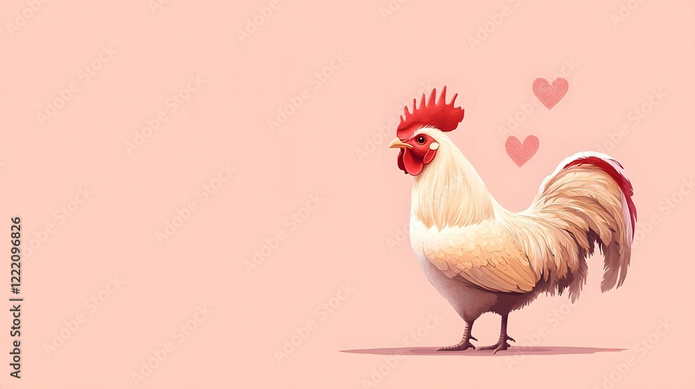 Poster charming and cheerful rooster character with heart shaped tail feathers in flat design with space fo