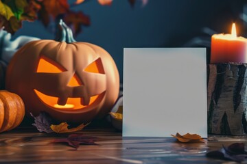 Spooky Halloween Decor with Pumpkin, Candles, and Blank Space