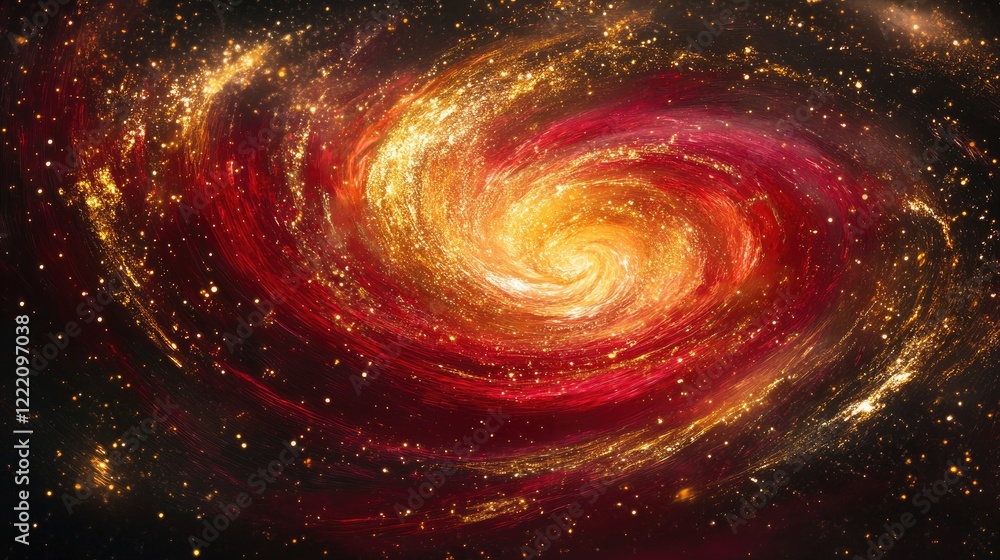 Poster A vibrant red liquid swirling with golden sparkles, creating a magical galaxy-like effect, representing abstract fluid design in motion