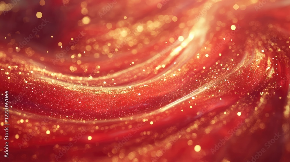 Aufkleber a vibrant red liquid swirling with golden sparkles, creating a magical galaxy-like effect, represent