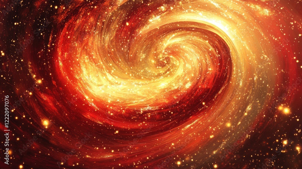 Poster a vibrant red liquid swirling with golden sparkles, creating a magical galaxy-like effect, represent