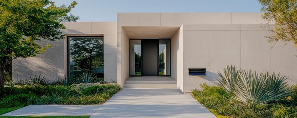 Fototapeta premium Water conservation minimalist concept. Modern house facade with large windows and stylish landscaping under clear skies.