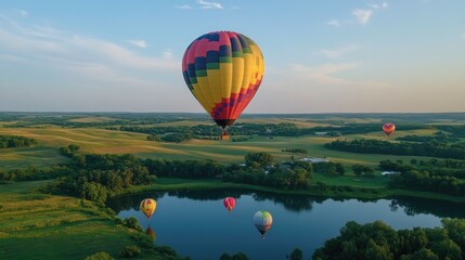 Fototapeta premium A vibrant hot air balloon flying high during the Chambley Balloon Festival, offering an aerial view of the colorful balloons in the sky