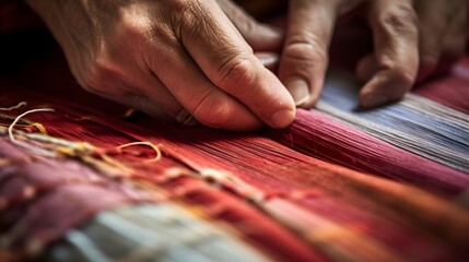 Detailed close up view of a weaver s skilled hands carefully tying off the finished edges of a handwoven fabric on a traditional loom  The intricate process of textile craftsmanship is highlighted
