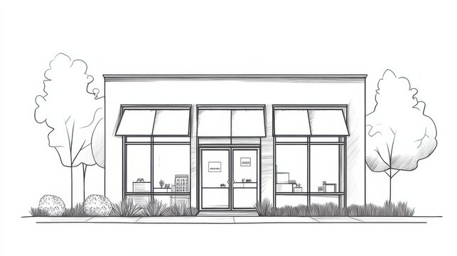 Modern Sketch of Conceptual Storefront with Trees and Landscape