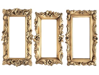 Baroque Style Set of Three Gold Frames with Elaborate Floral Carvings on Black Background, Ornate Rectangular Vintage Frames for Classic Art Display