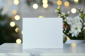 Blank Card on Table with Soft Bokeh Background and Floral Decor