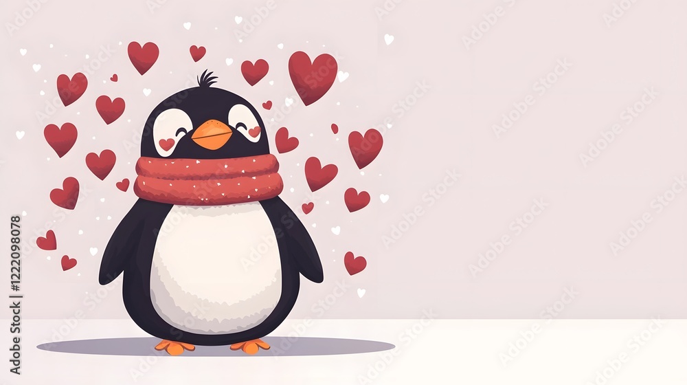 Poster cute and chubby penguin character surrounded by floating red hearts in flat design with space for te