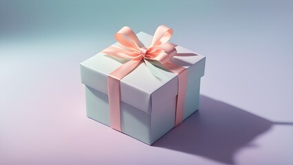 Obraz premium Pastel-colored gift box with a delicate pink ribbon, casting a soft shadow on a gradient background.