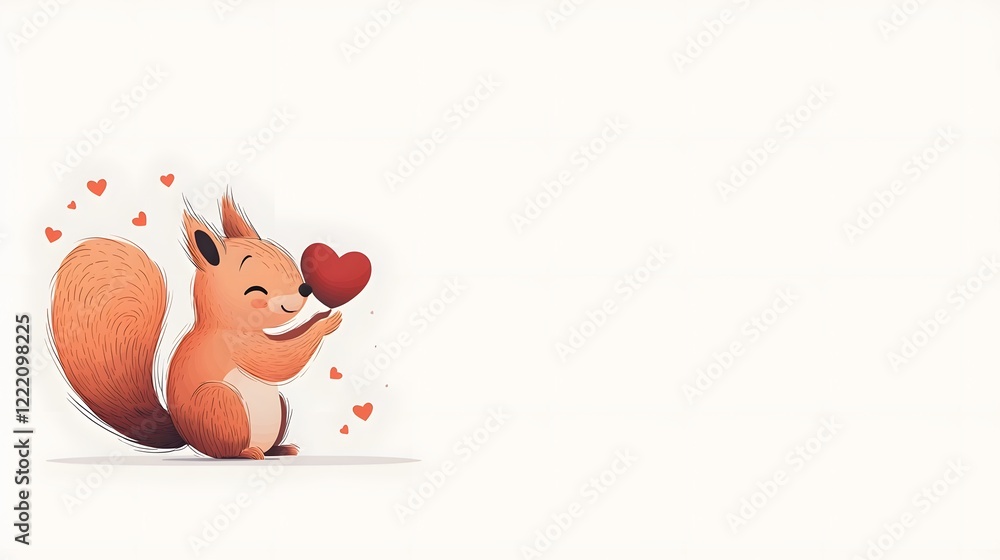 Poster cute and playful squirrel offering a heart shaped acorn in a whimsical flat design with plenty of ne