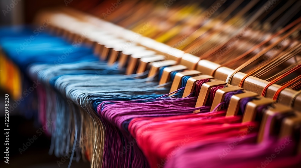 Poster closeup view of a loom s intricate heddles and threads highlighting the precision and behind textile