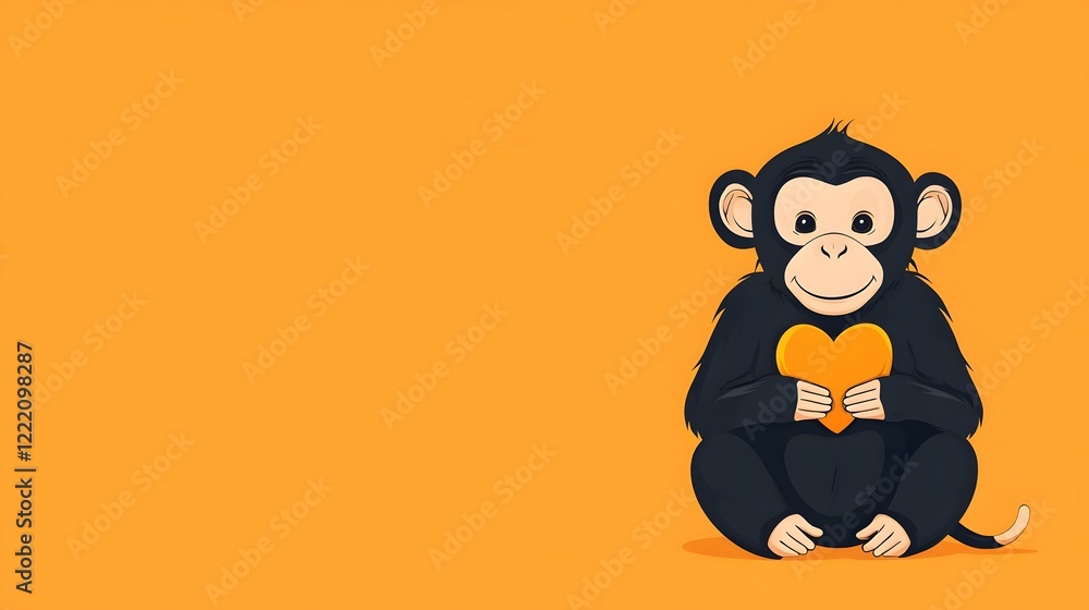 Poster cute and smiling monkey character holding a heart shaped banana in a flat design style playful prima
