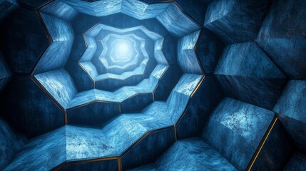 Abstract glowing blue tunnel with glowing lights and hexagonal shapes. Generative AI