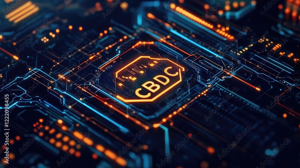 Poster advanced digital interface with the logo of central bank digital currency (cbdc), highlighting the i