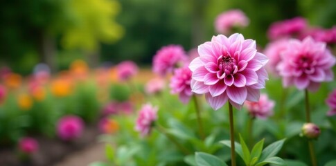 Obraz premium Pink and purple dahlia flowers in a garden bed with greenery, scenery, greenery