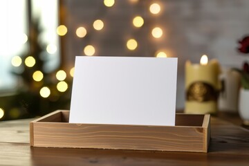 Blank Card on Wooden Tray with Soft Bokeh Lights in Background