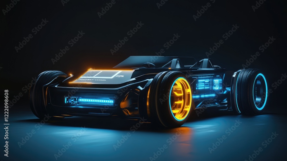 Poster advanced electric vehicle with a glowing battery system and sleek design, accompanied by holographic
