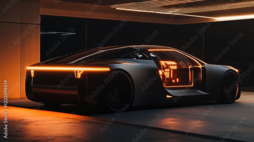 Poster advanced electric vehicle with a glowing battery system and sleek design, accompanied by holographic