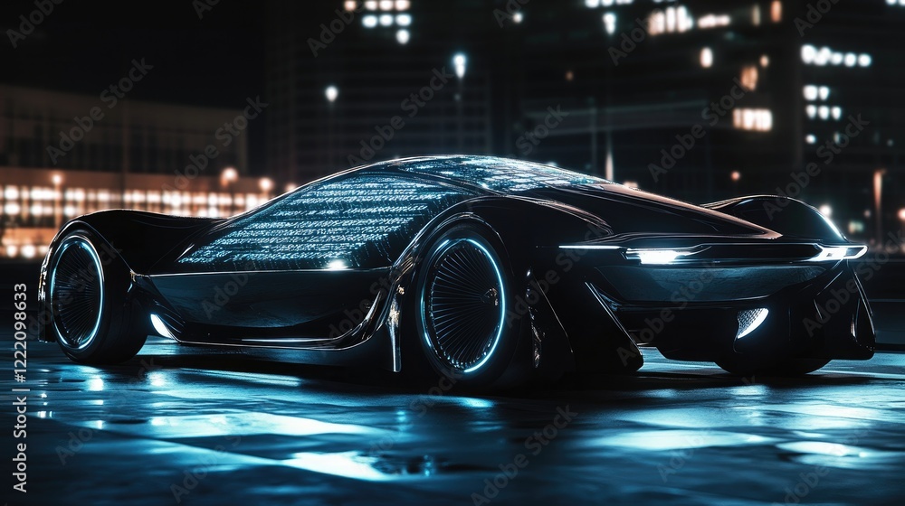 Poster Advanced electric vehicle with a glowing battery system and sleek design, accompanied by holographic displays showing energy performance and efficiency data