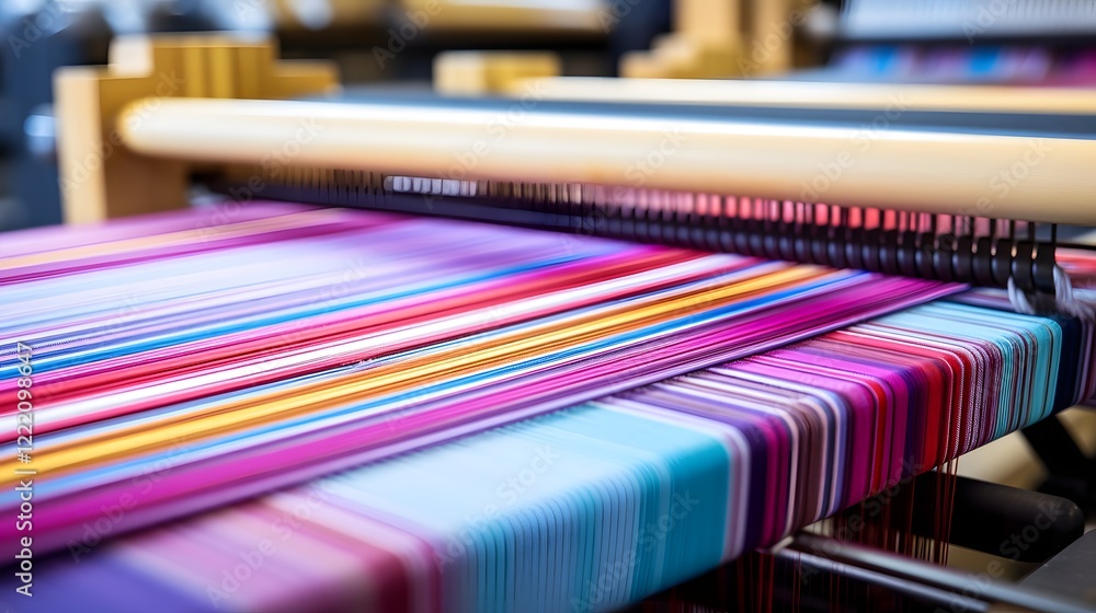 Poster loom weaving fabric with striped design in progress a skilled artisan crafting intricate textile pat