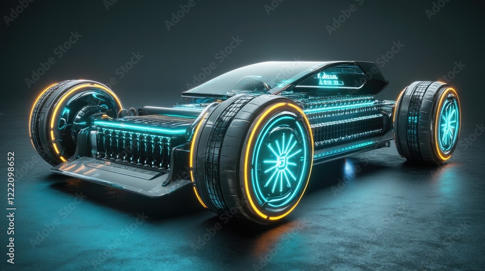 Poster advanced electric vehicle with a glowing battery system and sleek design, accompanied by holographic