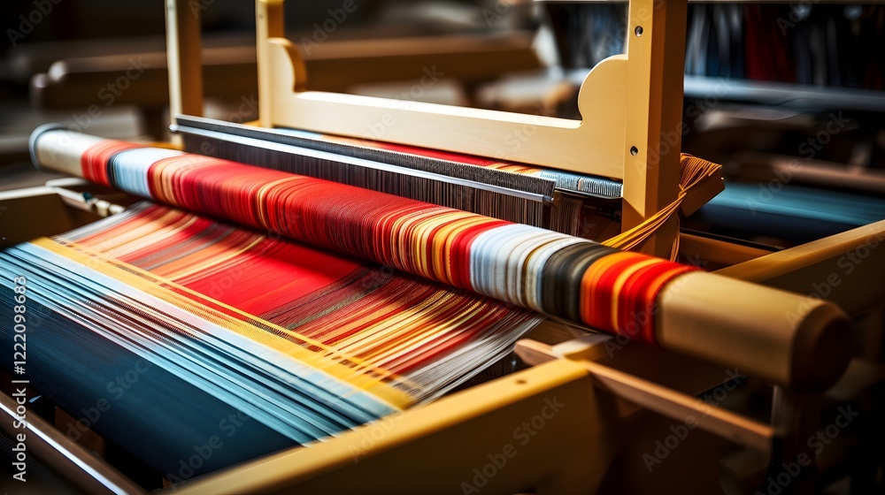 Poster closeup view of an artisanal loom weaving a fabric with a vibrant intricately detailed striped desig