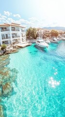 Fototapeta premium Luxury Tropical Lagoon Boats Villas Crystal Clear Water