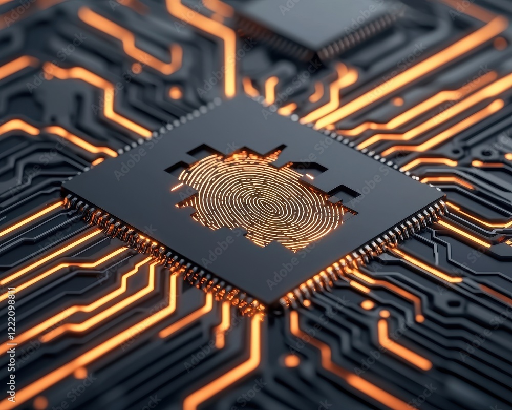 Poster anti tracking anonymity fingerprint biometric concept. a close-up of a microchip with a fingerprint 